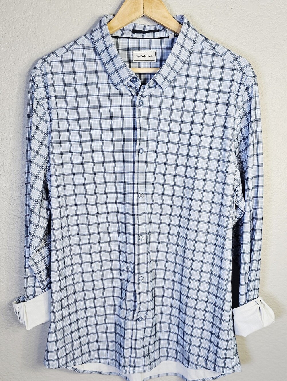 Savannah Men’s Large Blue Plaid Stretch Performance Button Down Shirt